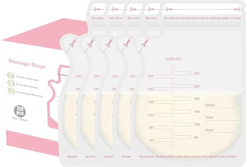 120PCS Recipientes Almacenamiento Leche Maternaa, 250 ml Bolsa Leche Materna, para Congelar Leche Materna, Estériles, con Doble Sello Hermético, Sin BPA (Rosa transparente)