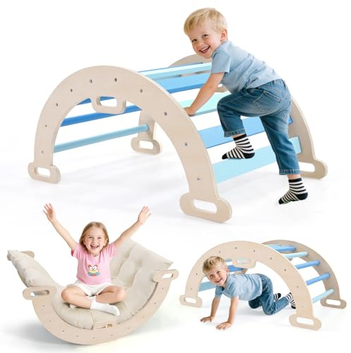 Montessori 2 en 1 Marco de escalada interior, triángulo interior con cojín cómodo, toboganes para niños, parque infantil Montessori para 1-3 años (azul-2,5 cm)