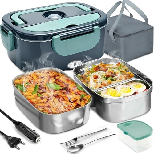 Aotto 1.5L Gamelle Chauffante 80W, Lunch Box Chauffante Electrique Boite Chauffante Repas 12V/24V/220V, Gamelle Chauffante Allume Cigare avec Sac Thermiquepour Voiture Camion Bureau (Le vert)