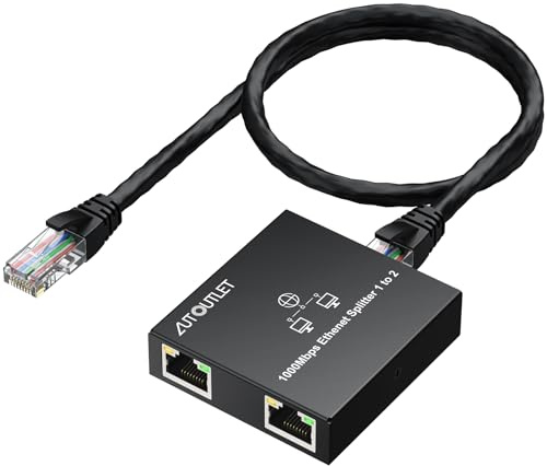 AUTOUTLET LAN Splitter 1 auf 2, Plug & Play, 1000Mbps Ethernet Splitter 2 Port mit 0,5M Ethernet Kabel, 1M Typ C-Kabel & LED-Indikator, Metall Gehäuse,Gigabit LAN Switch für Computer Hub Router TV usw