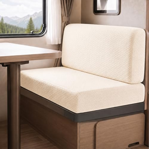Hearda Juego de Fundas de Cojín para Caravanas y Autocaravanas - 1 Funda de Respaldo + 1 Funda de Asiento, Fundas Elásticas de Jacquard para Comedor de RV, Ajustables con Correas, Beige