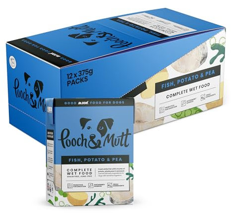 Pooch & Mutt - Fish, Potato & Pea Pack of Complete Wet Dog Food, Dry Dog Food Topper, 12x375g