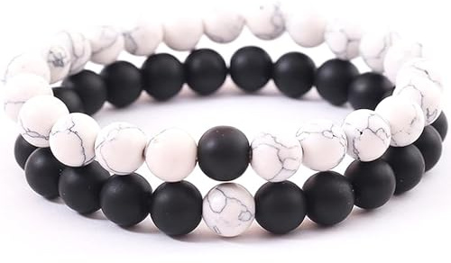 MINGZE Pulsera de Distancia Pareja con Corona King & Queen - Negro Mate Ágata & White Howlite 8mm Perlas