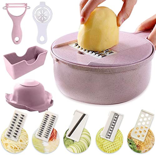 Couper les Légumes Multifonctions Mandoline, Darryy 12-in-1 Coupe Legumes Multifonctions, 4 Lames Trancheur de Légumes en Acier Inoxydable, Mandoline de Cuisine, Pour Couper Les Fruits et Légumes