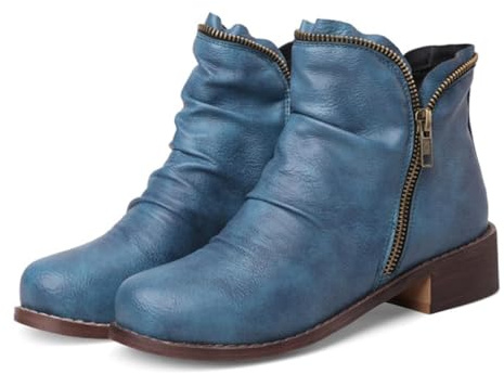 CRETUAO Botines de tacón bajo y Grueso para Mujer,Cómodos Botines de Invierno con Cremallera Lateral y Punta Redonda,Zapatos de Vestir Casuales de Cuero Vintage,Azul,38 EU