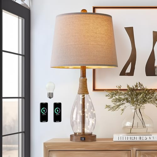 OYEARS 23 USB A+C Table Lamps for Bedroom Living Room Modern Bedside Lamps Retro Farmhouse Rattan Glass Nightstand Nightlight Lamps,Two Light Points