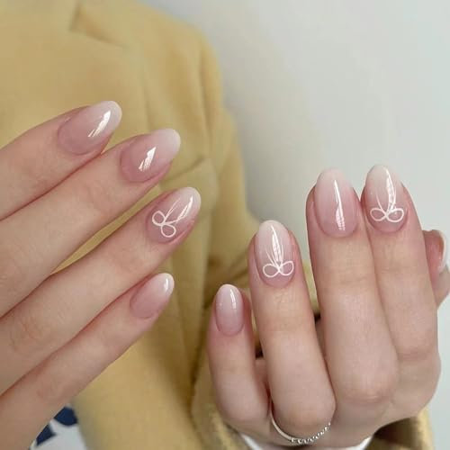 Boloshine 24 Pezzi Unghie Finte Corte Mandorla, Copertura Completa Press on Nails Unghie Finte Adesive, Acrilico French Unghie Artificiali Nail Art Accessori per Donne e Ragazze - Fiocco di Farfalla