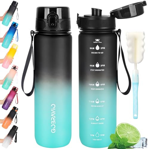 Gobravio Water Bottle 1L BPA Free Sports Drink Bottle Dishwasher Safe Canteen Bottle Leakproof Motivational Water Bottle with Time Markings
