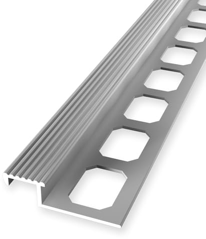 Kakelprofil 9 x 20 x 2 500 mm kanthöjd 9 mm trappkantsprofil aluminium trappkant stängd stansad metallprofil silver kuberit