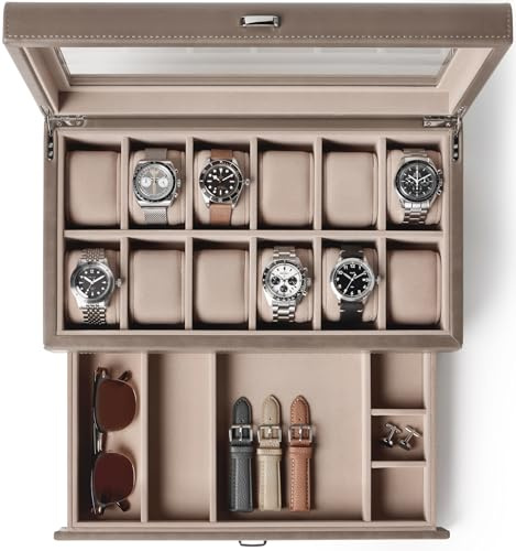TAWBURY Caja de reloj de 12 ranuras con cajón de almacenamiento, estuche de almacenamiento de relojes de para hombres y mujeres, hecho a mano con piel sintética y madera de ingeniería