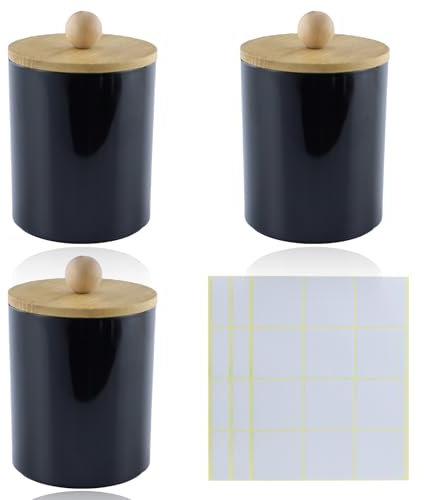 Lot de 3 boîtes à cotons-tiges - Distributeur de cotons-tiges - Avec couvercle - Noir - Pour cosmétiques, salle de bain, coiffeuse - Avec 3 étiquettes autocollantes