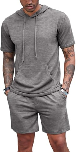 QUNERY Conjunto Hombre Verano Hombre Chándales 2 Piezas Camiseta Deportecon Capucha y Short con Bolsillos para Fútbol Baloncesto Tenis Jogging S-XXL