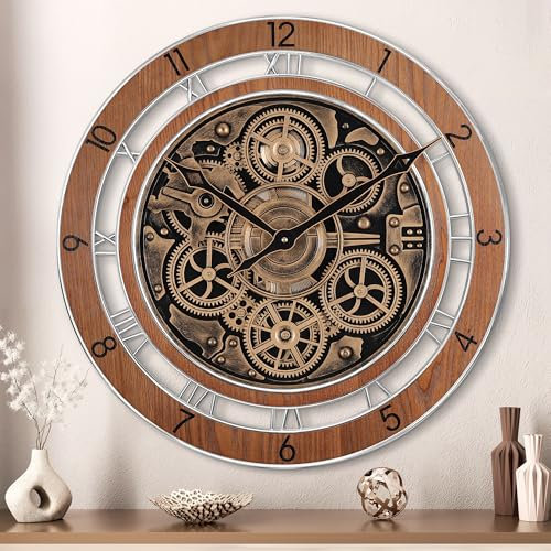 Lafocuse 53cm Orologio da Parete Grande Ingranaggio Mobile Marrone, Vintage Legno Orologio da Muro con Numeri Arabi e Romani, Industriale Steampunk Decorativo per Soggiorno Bar Cucina