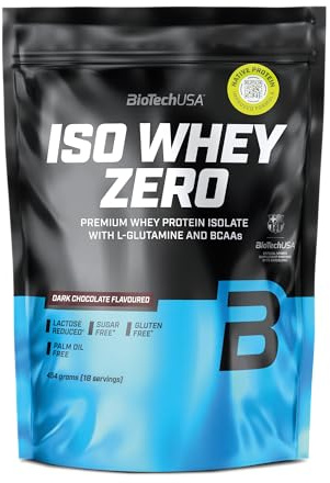 BioTechUSA Iso Whey Zero | Premium Whey Protein Isolate | Grass-Fed | Enzyme-Free | Sugar- and Gluten-free, 454 g, Mörkchoklad | Med BCAA och glutamin, laktosreducerat, sockerfritt, glutenfritt, 21 g protein per portion, 454 g, mörk choklad
