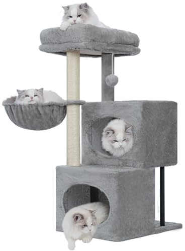 Heybly Árbol Rascador para Gatos, 92 cm con Diseño Escalonado, Plataforma Grande, 2 Cuevas, Postes de Rascar con Cobertura Total de Sisal, Juguete de Peluche con Campana, Gris Claro HCT201SW