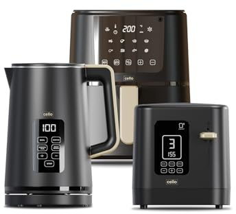 Cello Black Kitchen Bundle: 1.7L 3000W Kettle with Temperature Control & LED Display | 800W 2 Slice Toaster with Digital Timer & High Lift | 4L 1400W Air Fryer with 8 Presets & Touch Control