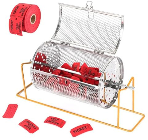 Tambor de Rifa, Tambor de Lotería con 500 Boletos de Rifa, Tubo de Lotería Rodante Jaula de Bingo Rollo con Soporte, Canasta de Rifa de Tambor para Juegos de Fiesta Eventos Actividades Promocionales