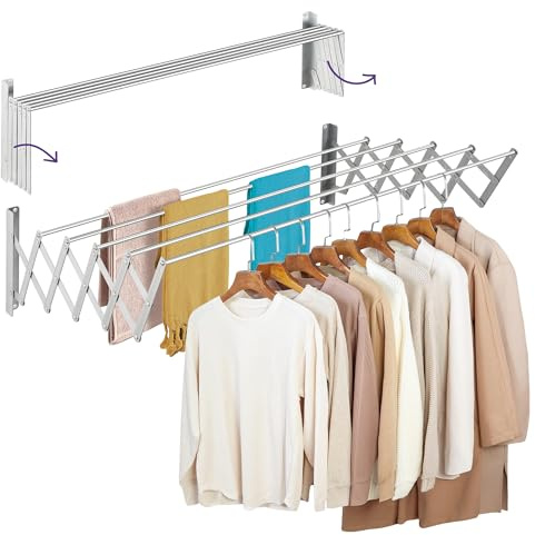 Altaudia Tendedero Extensible de Pared 100cm Antioxidante - Plegable con 5 Tubos de Aluminio, Extensible de 12-80cm, Instalación en Pared Interior o Exterior, Ahorra Espacio e Instala sin Dificultad