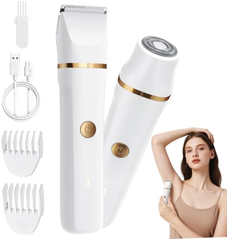 Lady Shavers for Women 2-in-1,Bikini Trimmer Woman IPX7 Waterproof,Body Trimmer Rechargeable,Pubic Hair Trimmer for Women Wet and Dry,Painless Electric Foil Shaver for Body,Arms Legs Underarms, Cream