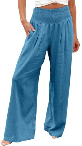 Linen Women Womens Holiday Clothes Cotton Linen Trousers Womens Summer Casual Elastic High Waist Long Pants Fashion Solid Straight Bottoms Wide Leg Tummy Control Jogger Trendy Trouser Blue M