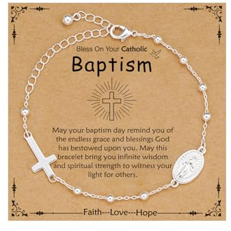 Baptism Gifts for Teenage Girls Women Christening Silver Cross Bracelet Virgin Mary Rosary Beads Charm Link Chain Jewelry Christian Religious Easter Presents for Daughter Granddaughter Teen Kids