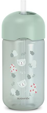 Suavinex, Bicchiere Evolutivo per Neonati+18 Mesi, Bicchiere con Cannuccia in Silicone Morbido e Flessibile, con Sistema Anti-fuoriuscita e Anti-gocciolamento, con Coperchio, 340 ml, Wild&Free verde