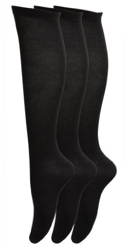 3 Pairs of Girls/Ladies Cotton with Lycra Knee High Socks/UK 4-6 Eur 37-40 (Black)
