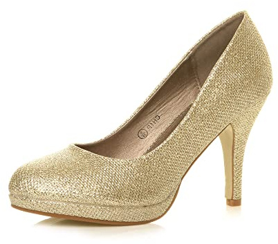 Ajvani Womens Ladies mid high Heel Platform Work Evening Court Shoes Pumps, 3 UK, Gold Glitter Mesh