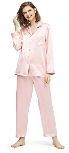 LilySilk Real Silk Pajamas for Women Comfy Two Piece Set Long Sleeve 19 Momme Pure Mulberry Natural Silk Sleepwear Ladies Light Pink Size XL