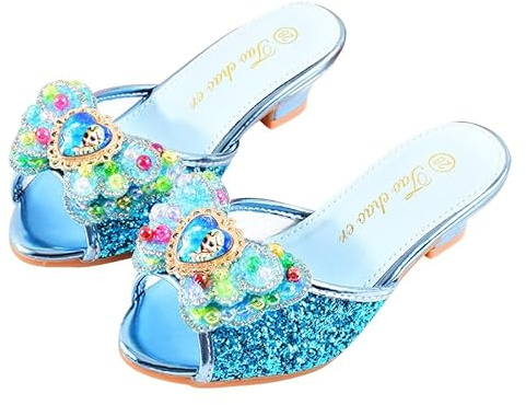 Monissy Frozen Principessa Elsa Mules Tacco Alto Pantofola Bocca di Pesce Paillettes Due Fiocchi di Pelle Elsa Distintivo Distintivo Perline Colorate con Intarsio di Cristallo Scarpe，Blu,33