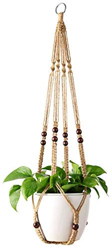 Mkouo Pflanzenhänger Hängetopf Makramee Blumenampel Innen Außen Hängenden Pflanzer Basket Blumentopfhalter Jute-Seil with Beads 89cm