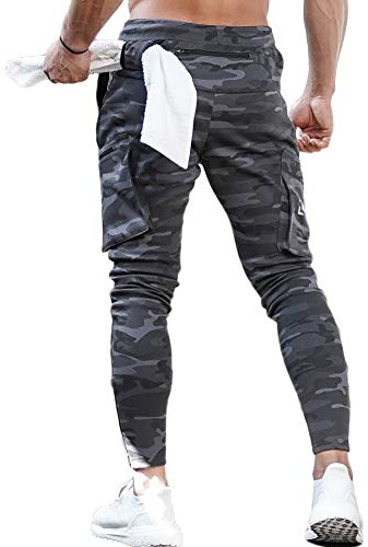 AOTORR Men's Workout Sport Pants, Athletic Running Jogger Track Pants Casual Sweatpants Trousers with Zipper Pockets Camouflage L#346