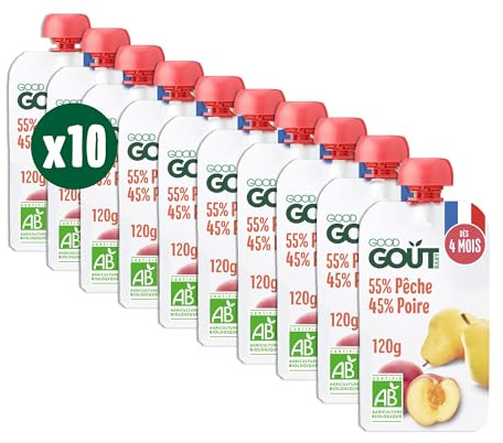 GOOD GOÛT - Gourdes Pêche Poire - Purée Bébé - Dès 4 Mois - 55% Pêche 45% Poire - Sans Sucres Ajoutés - Fabriqué En France - 10x120g