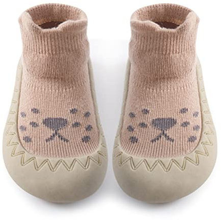 Exemaba Toddler Sock Shoes - Baby First Walking Shoes Soft Sole with Grips for Boys & Girls (Coffee Lion, Tag21/6-12 M)