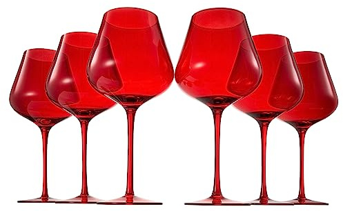 Red Ruby Crystal Wine Glasses Set of 6 | Elegant 20oz Tall Drinkware | Festive Holiday & Christmas Glassware for Hosting and Gifting | Sophisticated Italian-Inspired Barware for Wife, Mom, or Friend