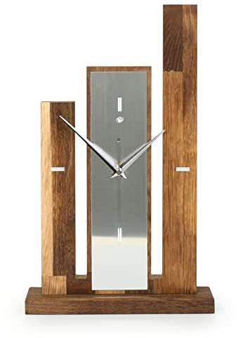 Kreative Feder Designer-STANDUHR „Stairs“ aus Massivholz – analoge TISCHUHR ohne Tickgeräusche (leises Funkuhrwerk, Eiche geräuchert)