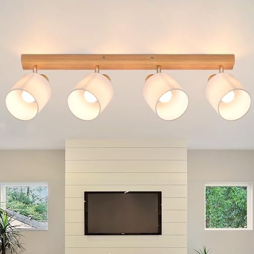 Glitzerlife Deckenstrahler 4 Flammig Deckenlampe Wohnzimmer - Holz Deckenleuchte Modern Deckenspot E14 Schwenkbar 350° MAX.25W küchenlampe Stoffschirm für Schlafzimmer Küche Flur (ohne Leuchtmittel)