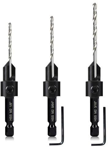 3-pc Countersink Drill Bit Set #10#12#16, 3in1 Woodworking Counterbore Hole Saw Drill Bits, Depth Adjustable M2 Pilot Drill Bits, 82-Degree Chamfer, 1/4” Hex Shank, with 1 Allen Wrench