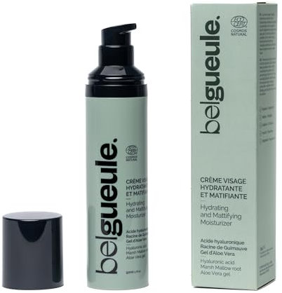 Belgueule crème 50ml visage hydratante et matifiante pour homme, soin visage et barbe naturel, à l'acide hyaluronique, effet anti-âge, tous types de peaux, made in france, vegan & éco-responsable