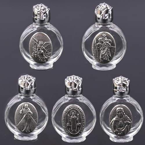 5 botellas de agua bendita en relieve, botella de cruz religiosa, botella de escultura virgen cristiana, botella de agua bendita, regalo religioso, vial para el hogar, viajes, 5 unidades