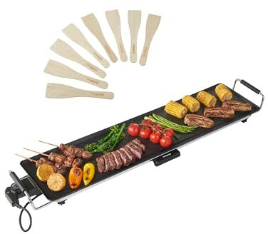 Emperial Teppanyaki Grill - Electric BBQ Grill with Non-Stick Table Top Plate, 2000W, Easy Clean, Adjustable Temperature Control, Oil Drip Tray & 8 Spatulas - 90x23x10cm