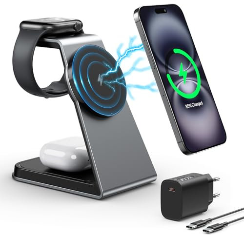 Mag-Safe Ladestation 3 IN 1, Ladegerät kompatibel mit App1e Watch und iPh0ne, Induktive Ladestation auch geeignet für Airp0ds Pro 3 2,Ladegerät kompatibel mit iPh0ne 16 15 14 13 12Serie(Grau)