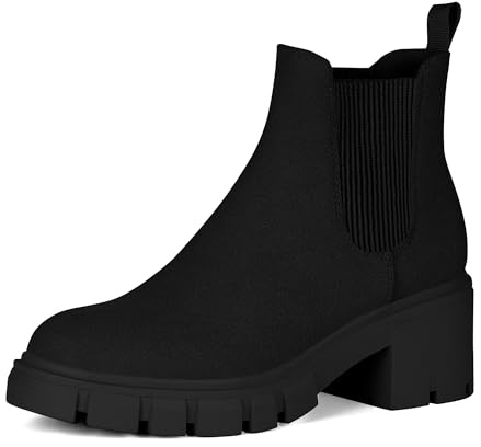 Athlefit Women's Chelsea Boots Fashion Lug Sole Chunky Heel Slip on Elastic Ankle Booties Black Suede Size 8