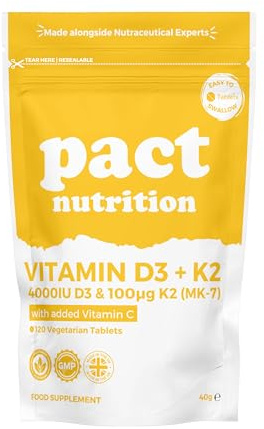 Vitamin D3 4000IU & K2 MK7 100μg + Vitamin C – High Strength VIT D Supplement for Immune & Bone Support – 120 Vegetarian Tablets – Easy to Swallow, One-a-Day Formula – Pact Nutrition
