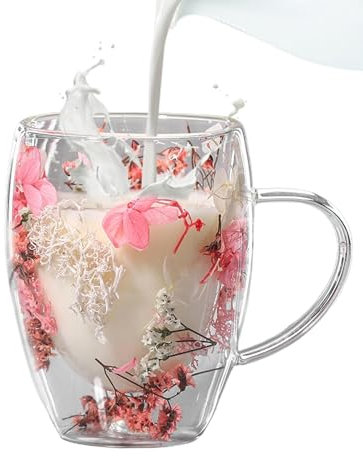 Tasse Verre Double Paroi Ensemble, 350ml Tasse À Café En Verre À Double Paroi Avec Fleurs Séchées Tasses À Latte Macchiato En Verre Transparent, Cadeau De Noël Verre Double Paroi Pour Café, Boissons