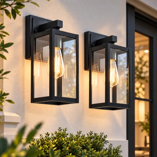 FTL Outdoor Lantern Wall Lights,E27 Wall Lantern Porch Light Outdoor,Max 60W,Exterior Wall Sconce with Clear Glass Shade,Outside Wall Lamps IP44 Waterproof for Yard,Hallway,Matte Black,2-Pack