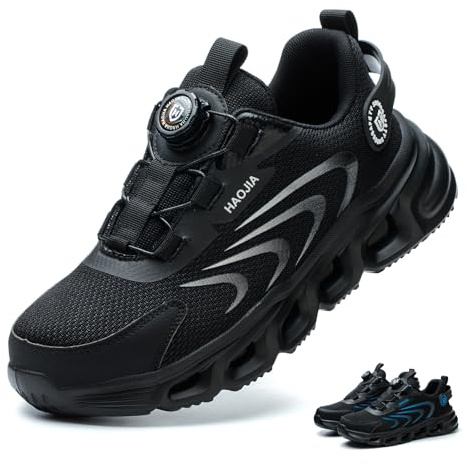 Zapatos de Seguridad para Hombre Mujer Ligero Comodo Calzado de Seguridad con Puntera de Acero Transpirable Antideslizante Zapatillas de Trabajo Liberación Rápida, Negro, 43 EU
