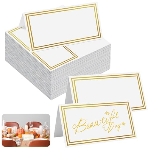 80 tarjetas de lugar de mesa, tarjetas de nombre de boda con doble borde dorado, tarjeta de nombre de asiento de recepción para mesa de boda, cena de cumpleaños
