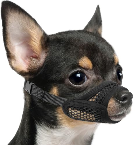 Mayerzon Mesh Muzzle for Short Snout and Small Medium Dogs Anti-Biting, Focus on Brachycephalic Dogs like Chihuahua Pomeranian, Breathable Fabric, Opening Front, Allow Panting, for Grooming Vet Visits