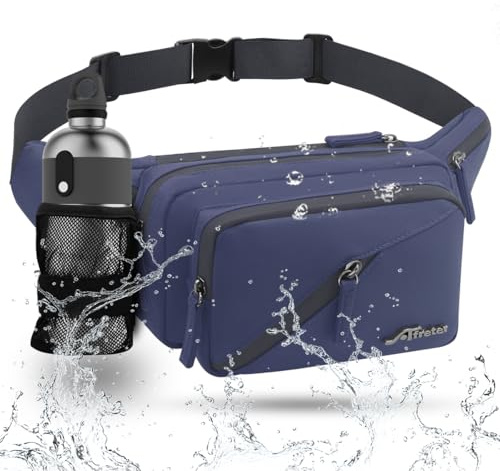 REETEE Riñonera Hombre Mujer con Soporte para Botellas Impermeable Riñonera Deportiva con 4 Cremallera Bolsillos, Cinturón Ajustable Riñoneras Hombre para Viajes,Running,Senderismo (Azul)